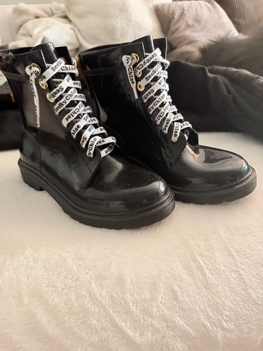 Black Patent Lace-Up Rain Boots with Branded Laces